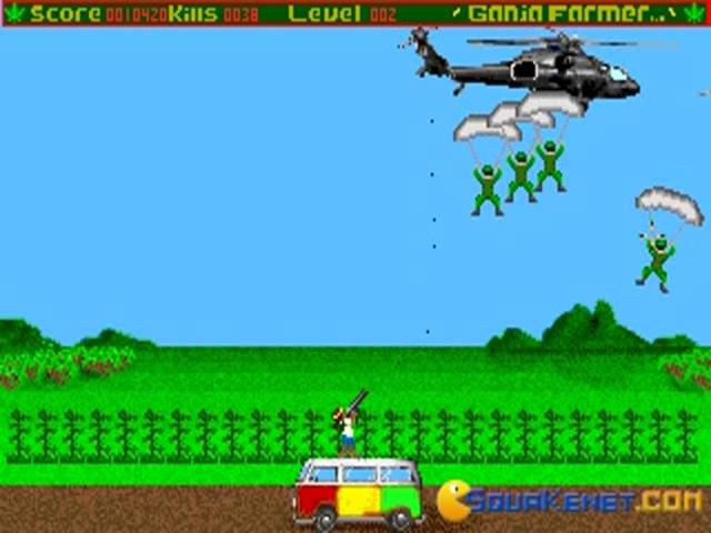 Historical screenshot of Ganja Farmer (DOS, 1998): colourful van, pixel art and a helicopter